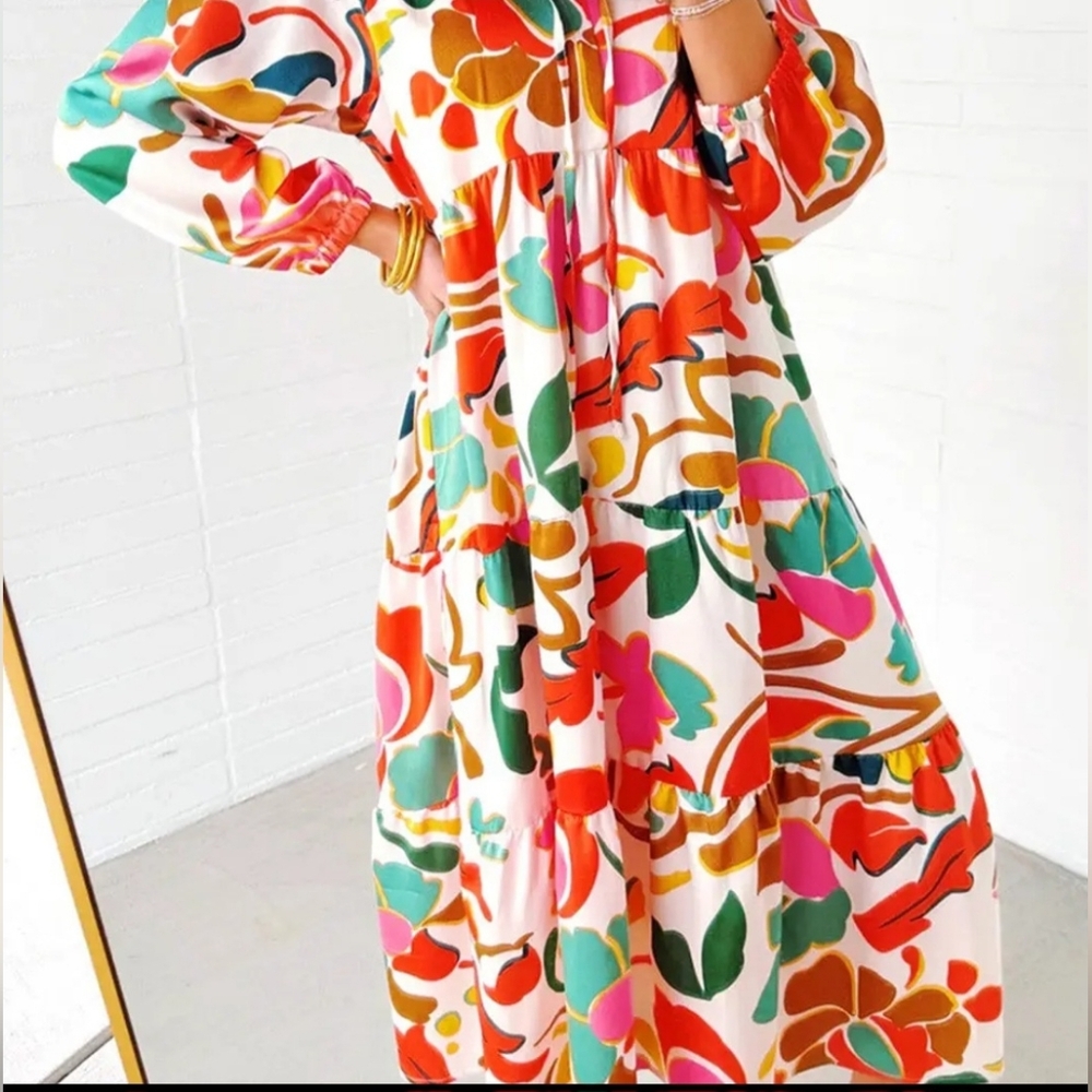 Lovesoft Orange Floral Print Split Vneck Tiered Maxi Dress - Picture 4 of 7
